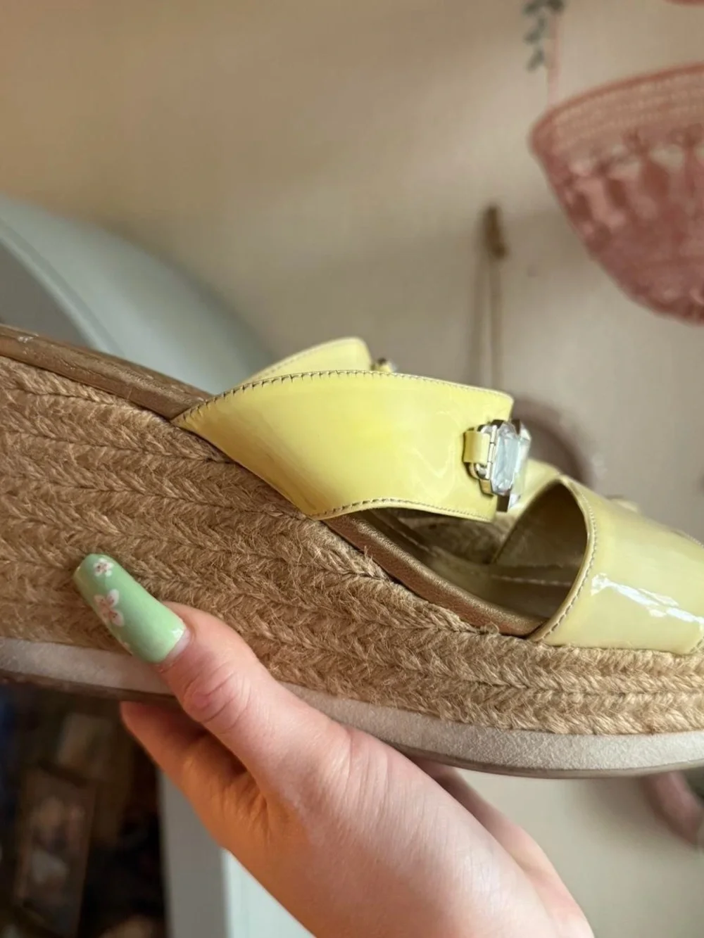 8 / Prada Yellow Patent Wedge Sandals with Crystal Accents